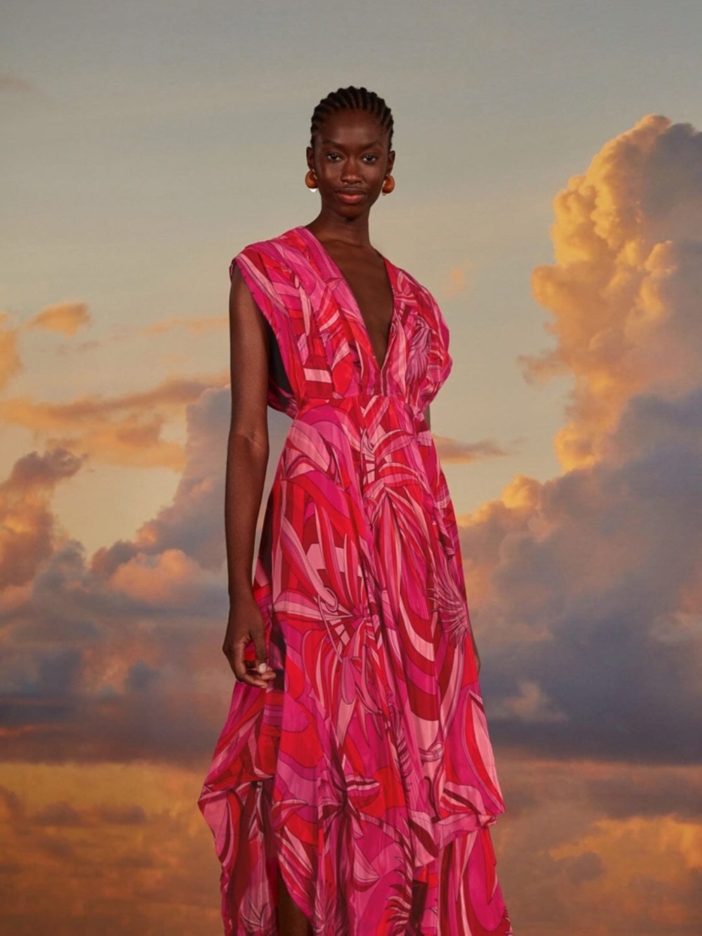 Farm Rio Red Endless Summer V Neck Midi Dress